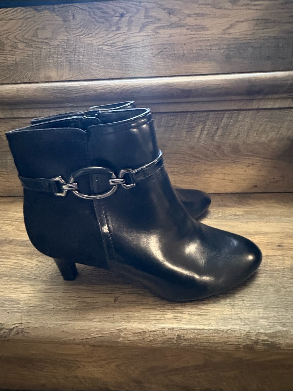 Impo Black Leather Ankle Booties with Metal Ring Detail